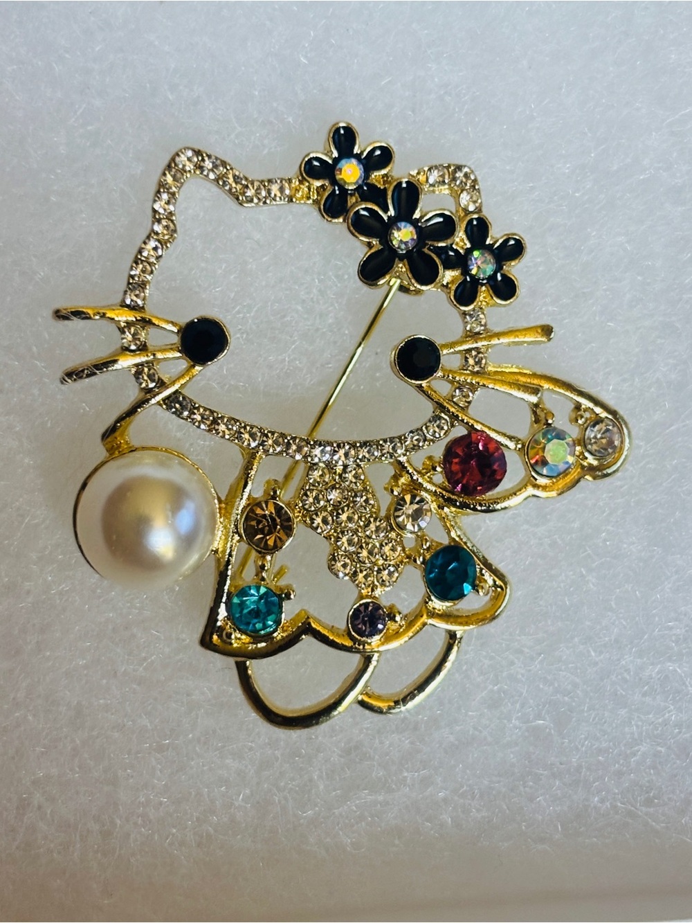 Gold Hello Kitty Floral Pearl Brooch with Multicolor Gems